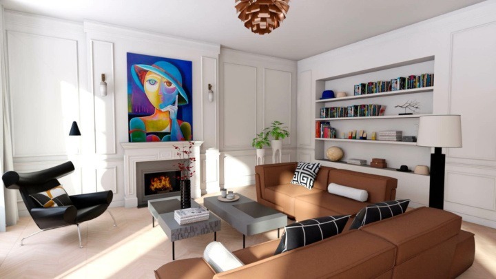 Contemporary living room with a colorful painting and a fireplace