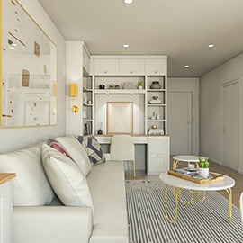 realistic rendering of a modern white living room with touches of gold