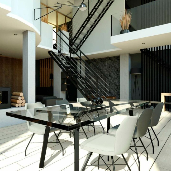 Interior of a modern loft with dinner table and stairs
