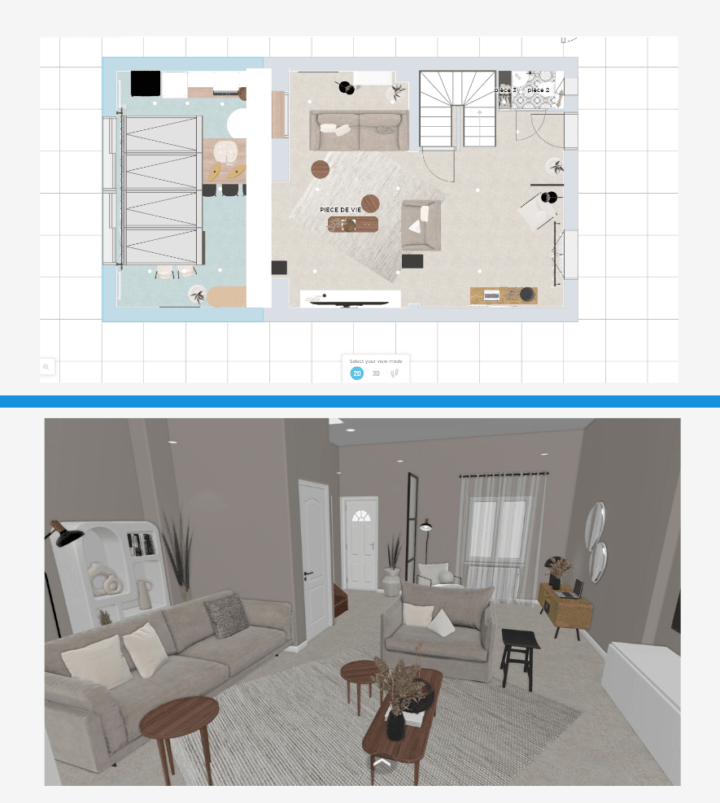 2D and 3D floorplan of a living-room